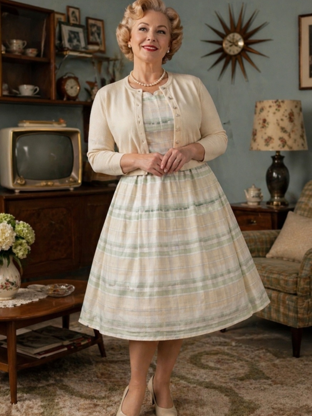 Vintage-Inspired Pastel Plaid Fit-and-Flare Dress with Cream Cardigan